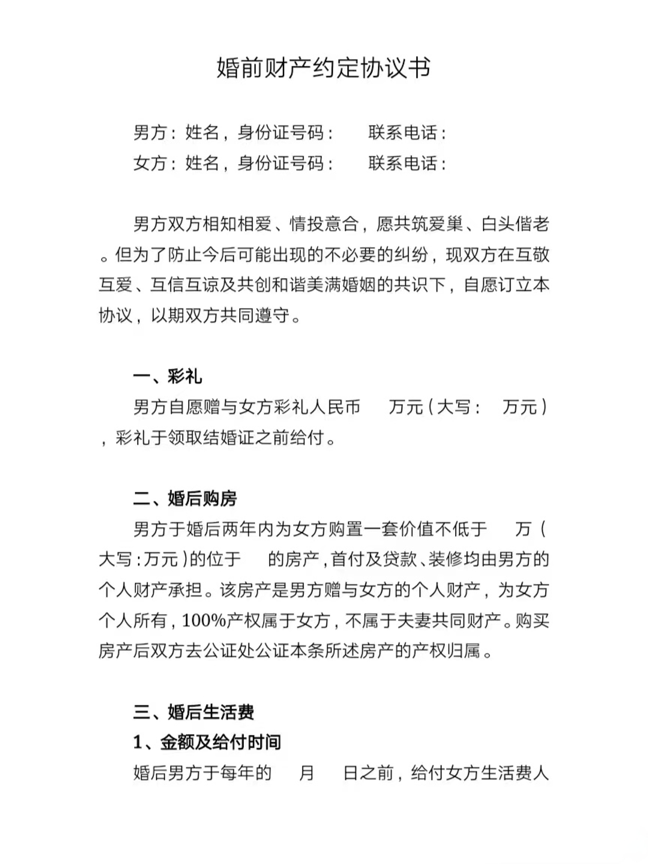 婚前财产约定协议书
