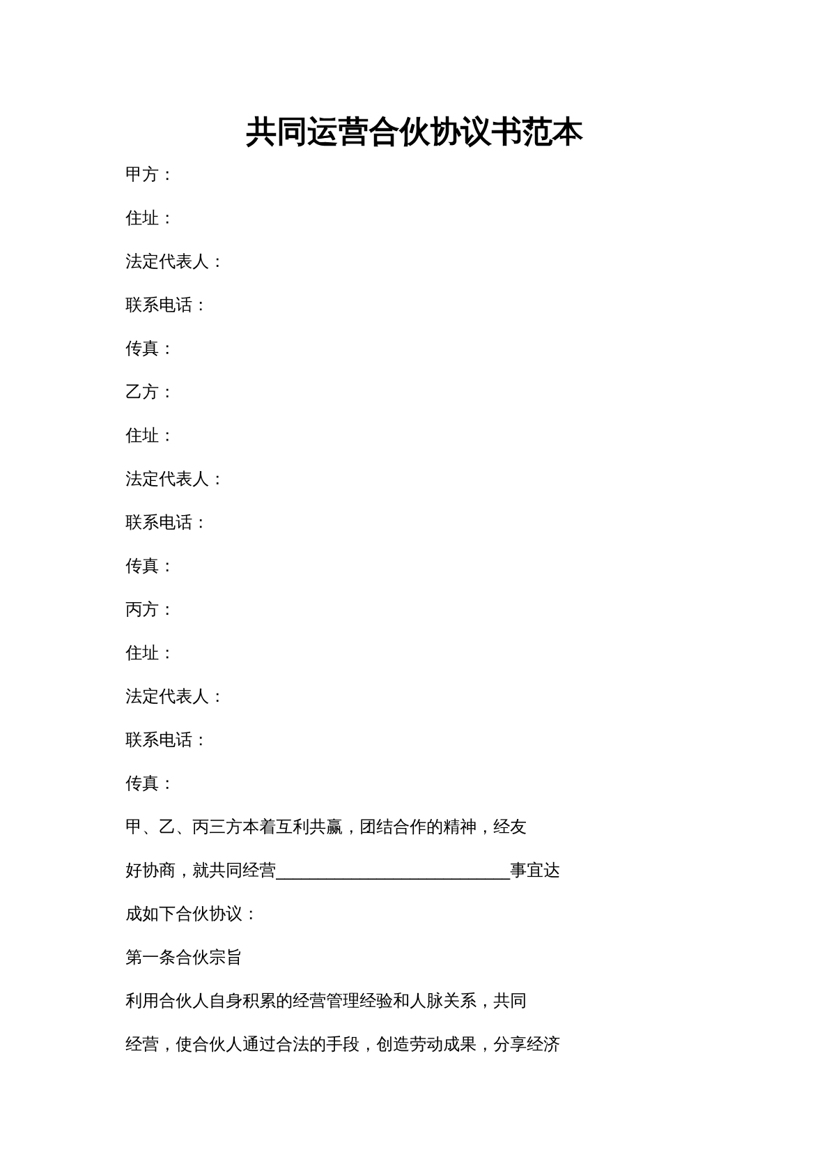 共同运营合伙协议