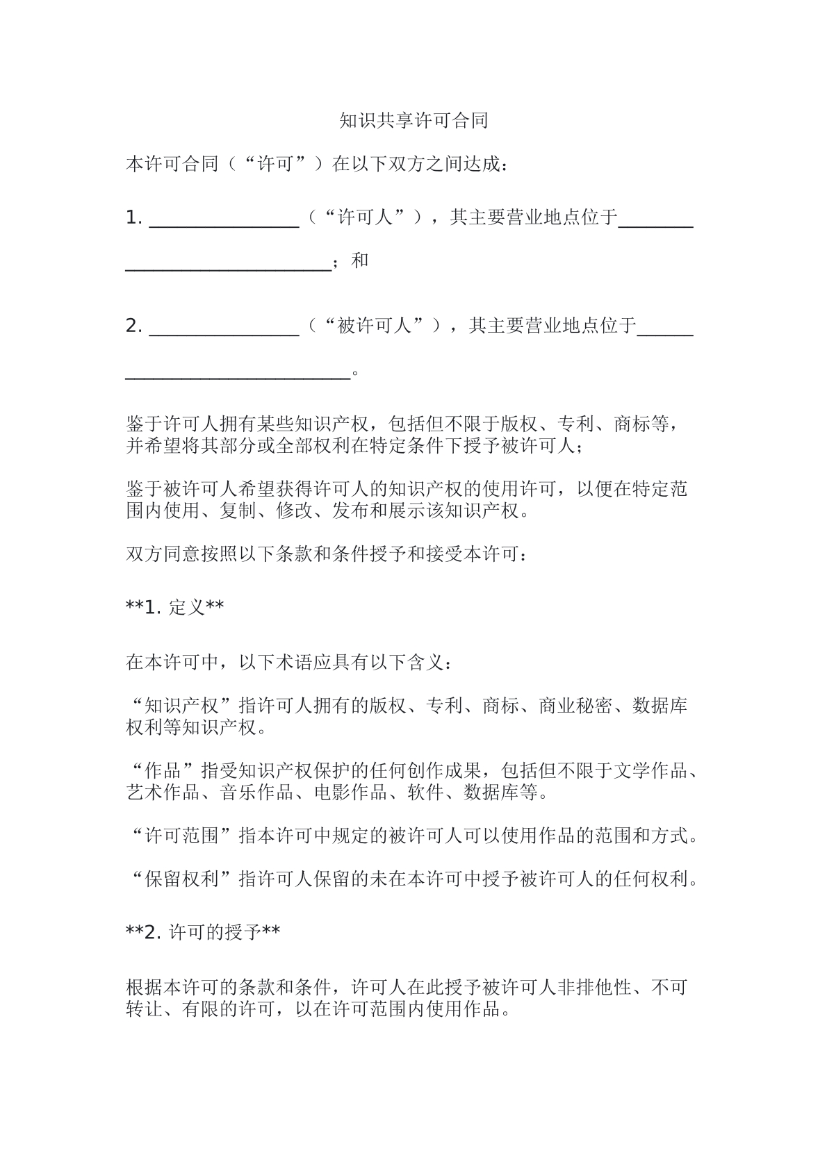 知识共享许可合同模板
