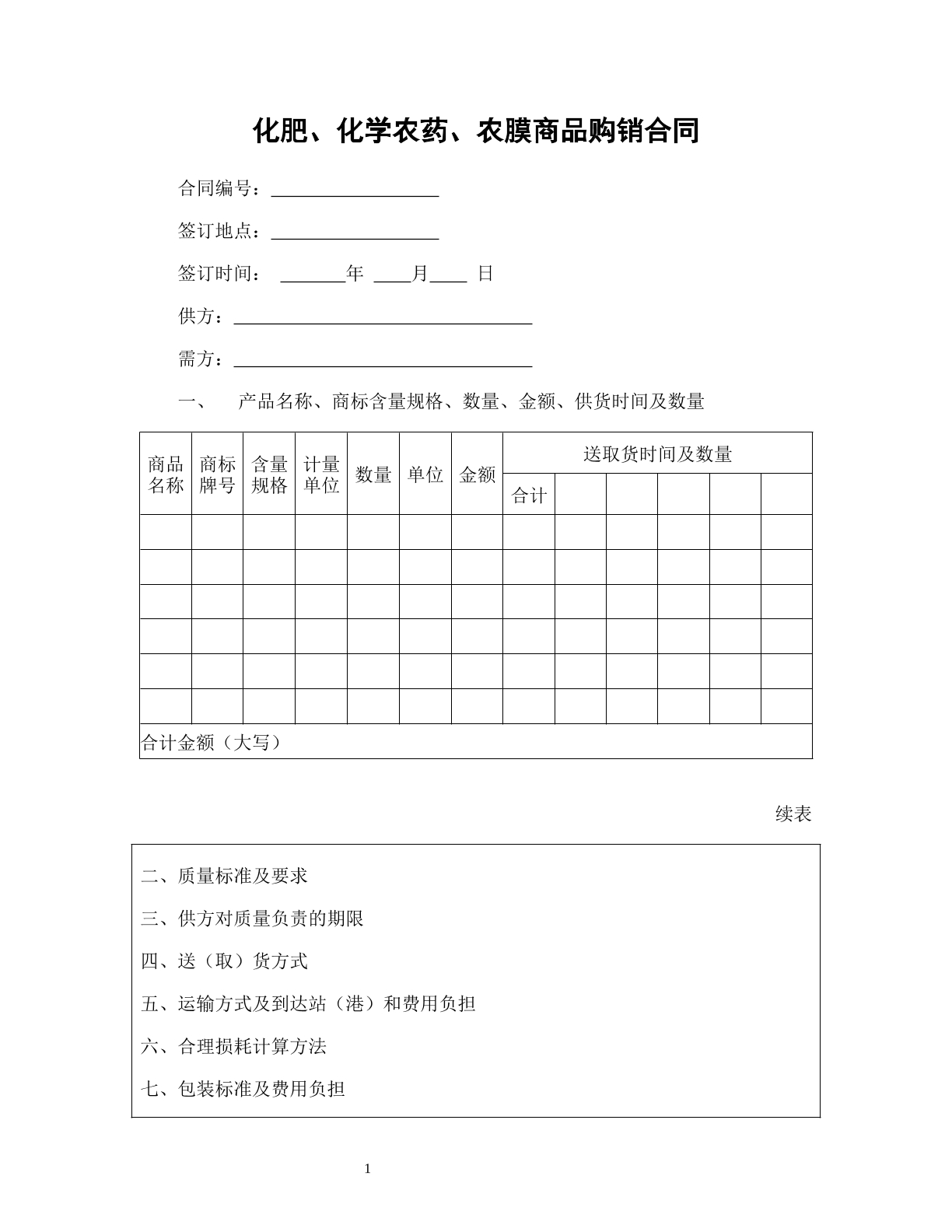 化肥、化学农药、农膜商品购销合同