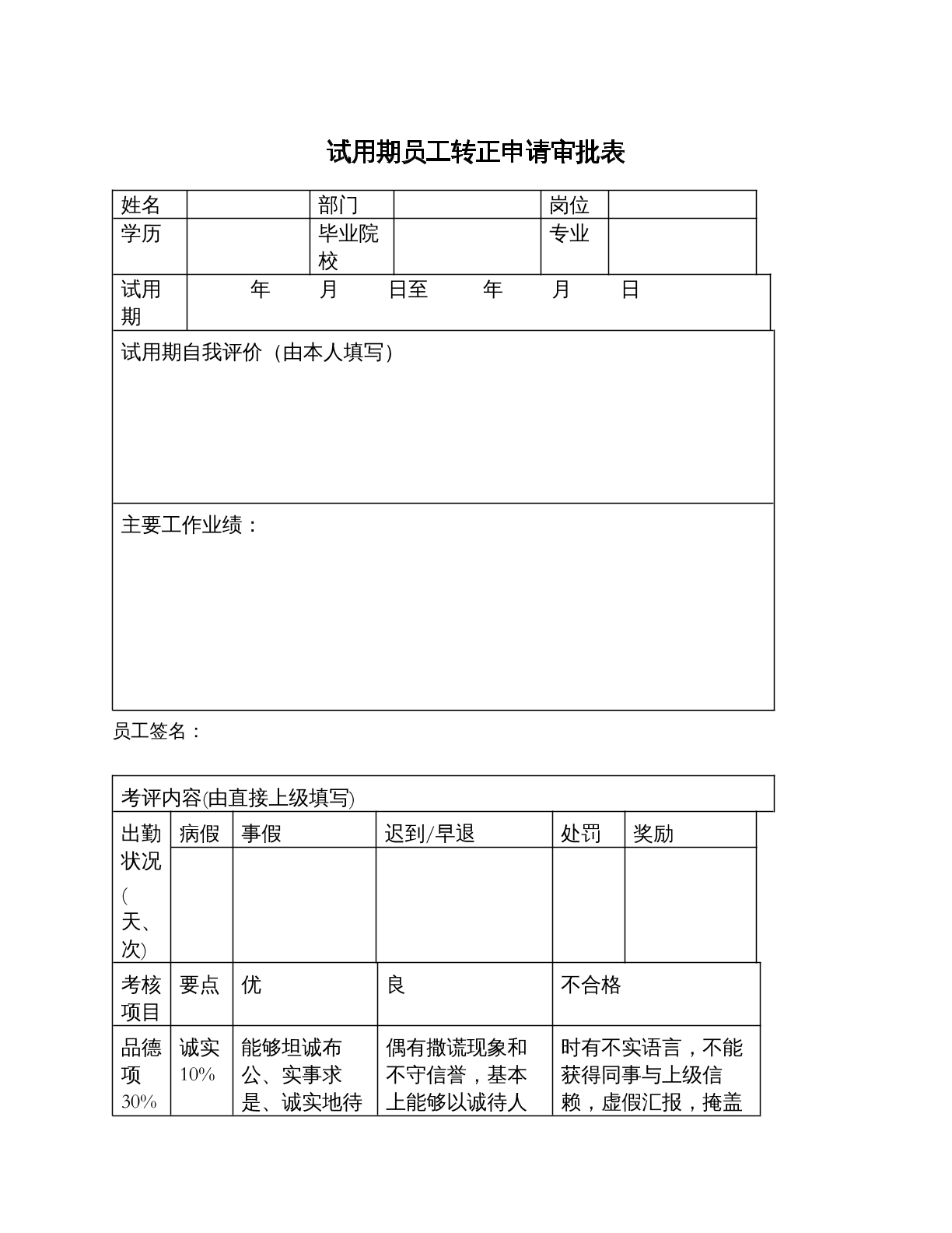试用期员工转正审批表