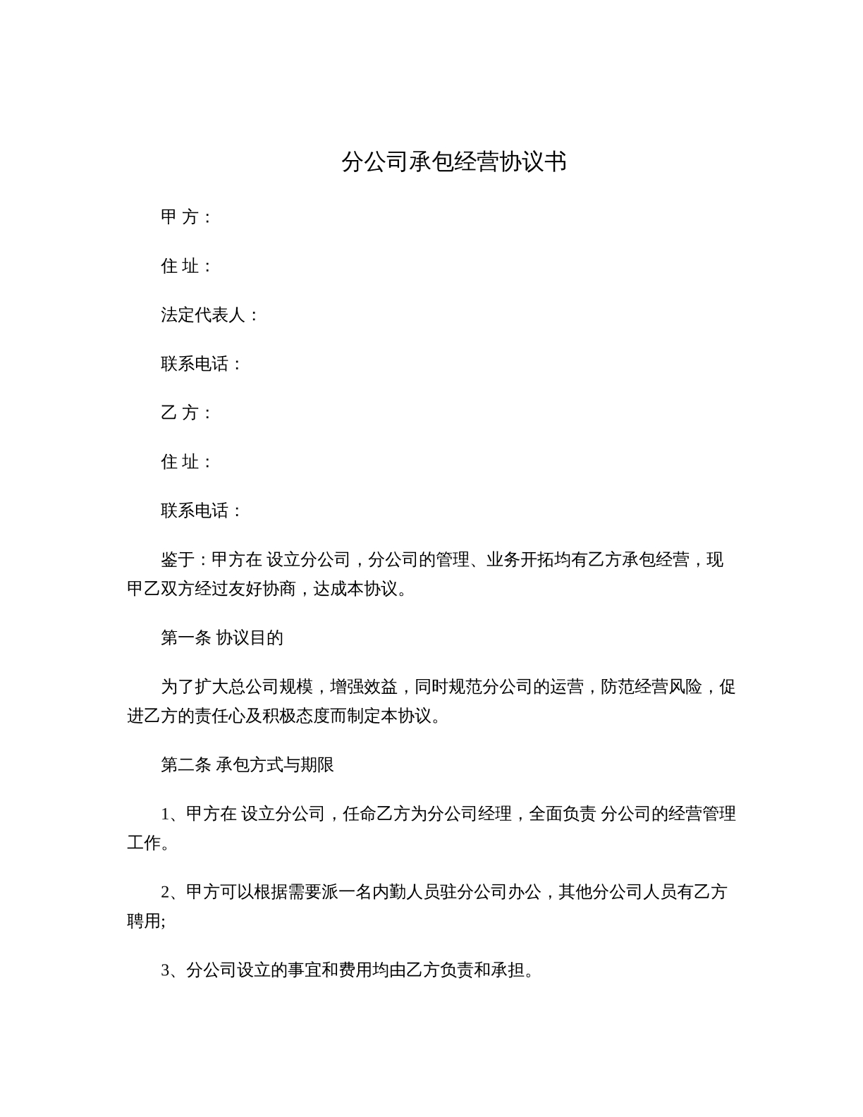 分公司承包经营协议书