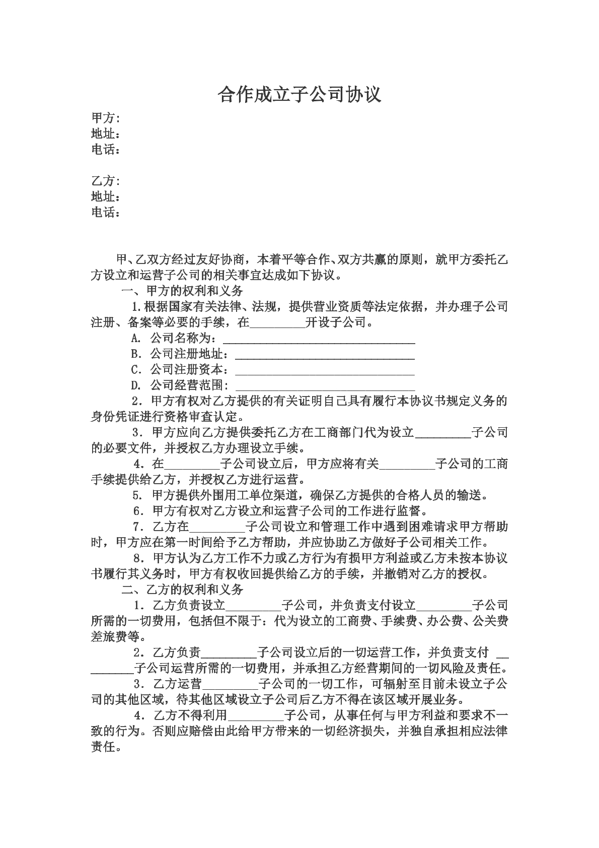 合作成立子公司协议