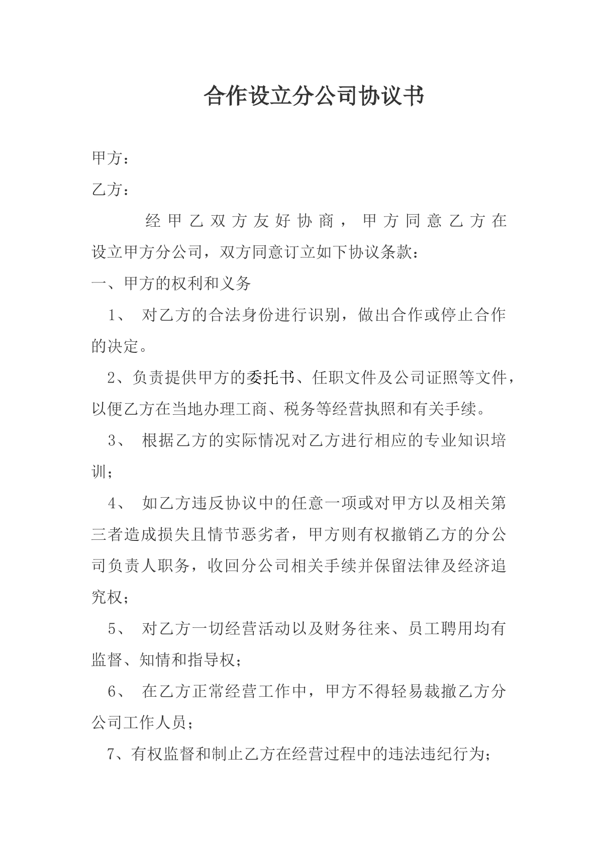 合作设计分公司协议书