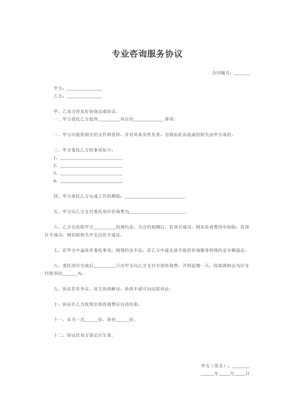 专业咨询服务协议模版