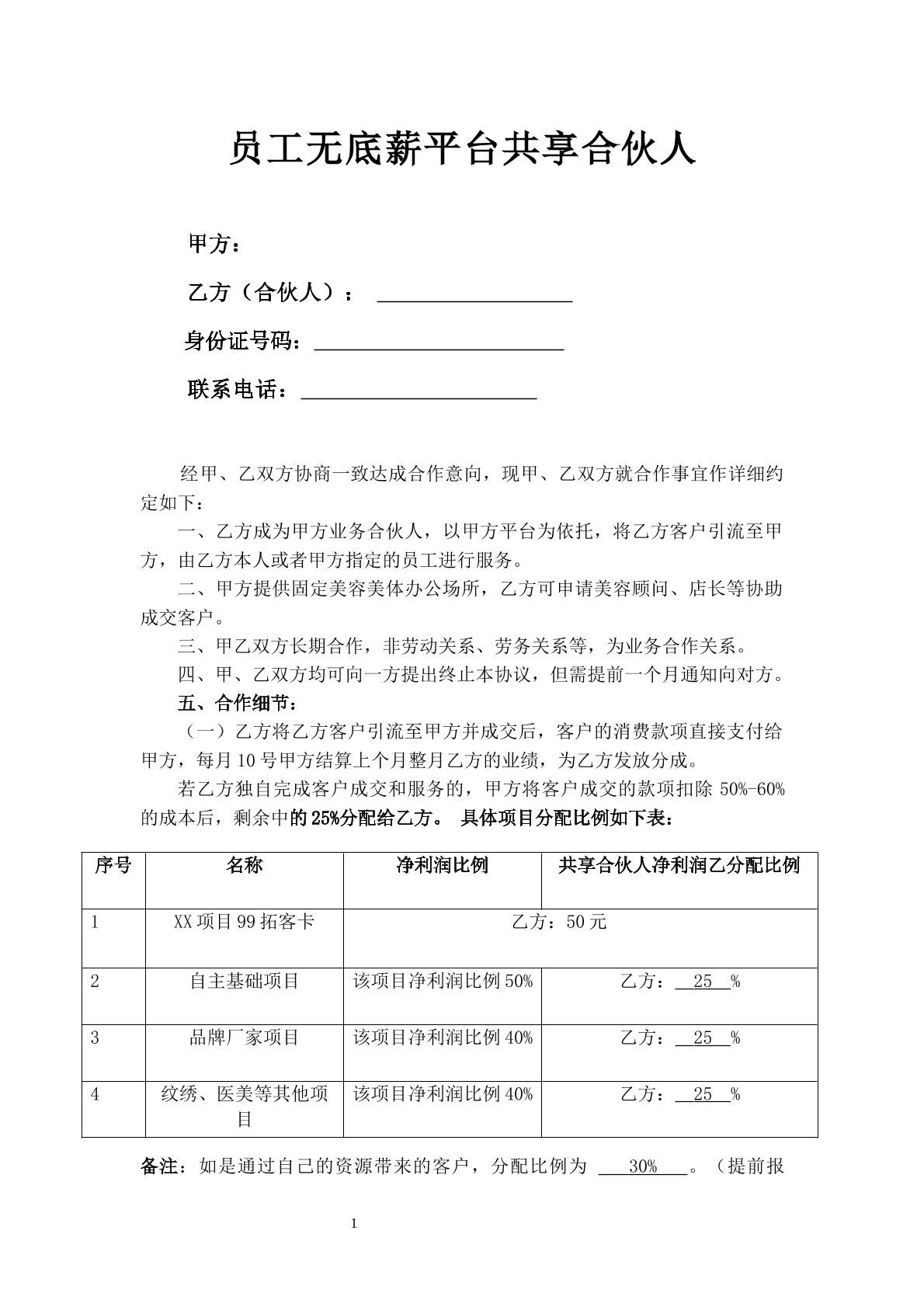 无底薪共享合伙人协议