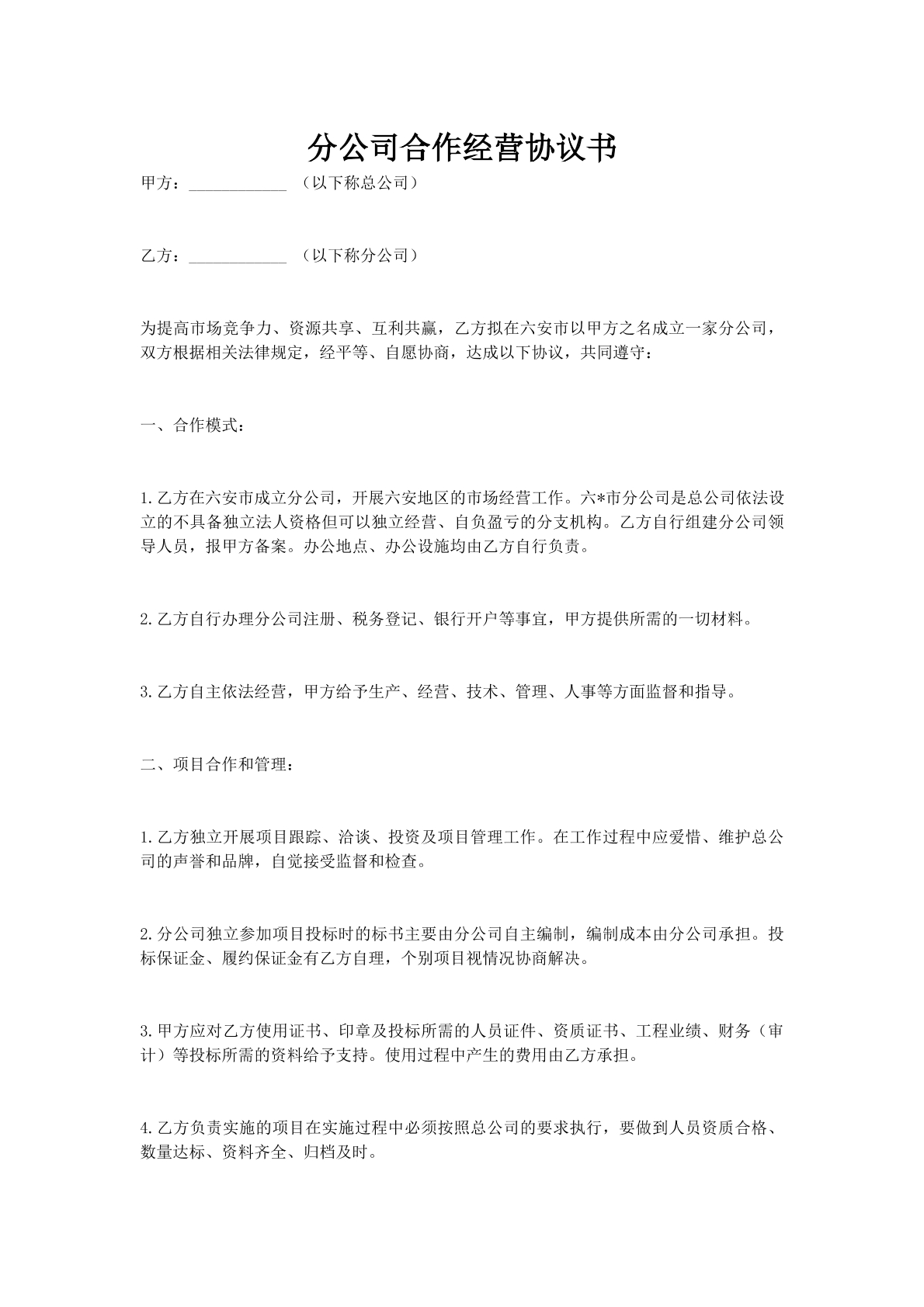 分公司合作经营协议书