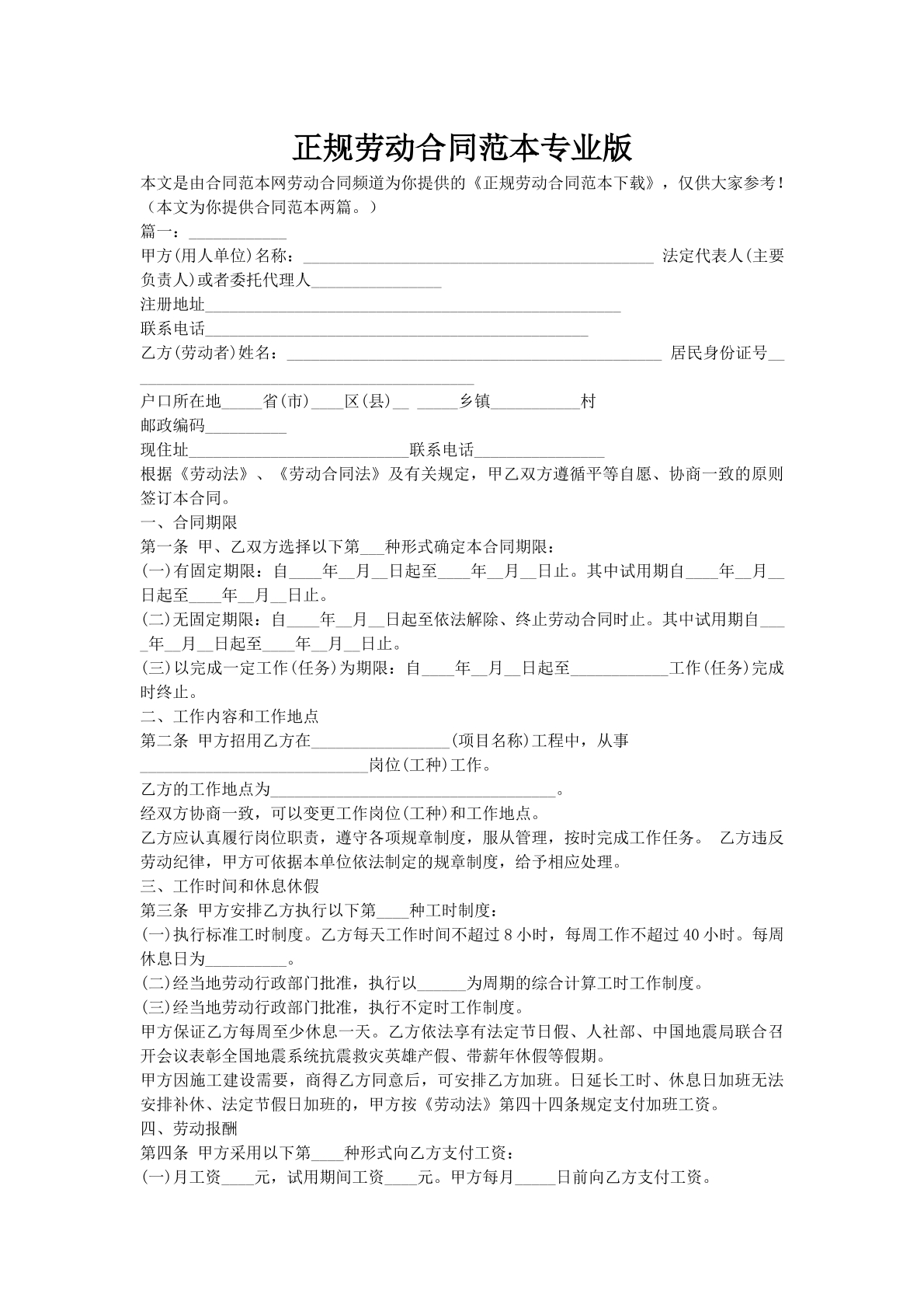 正规劳动合同范本专业版