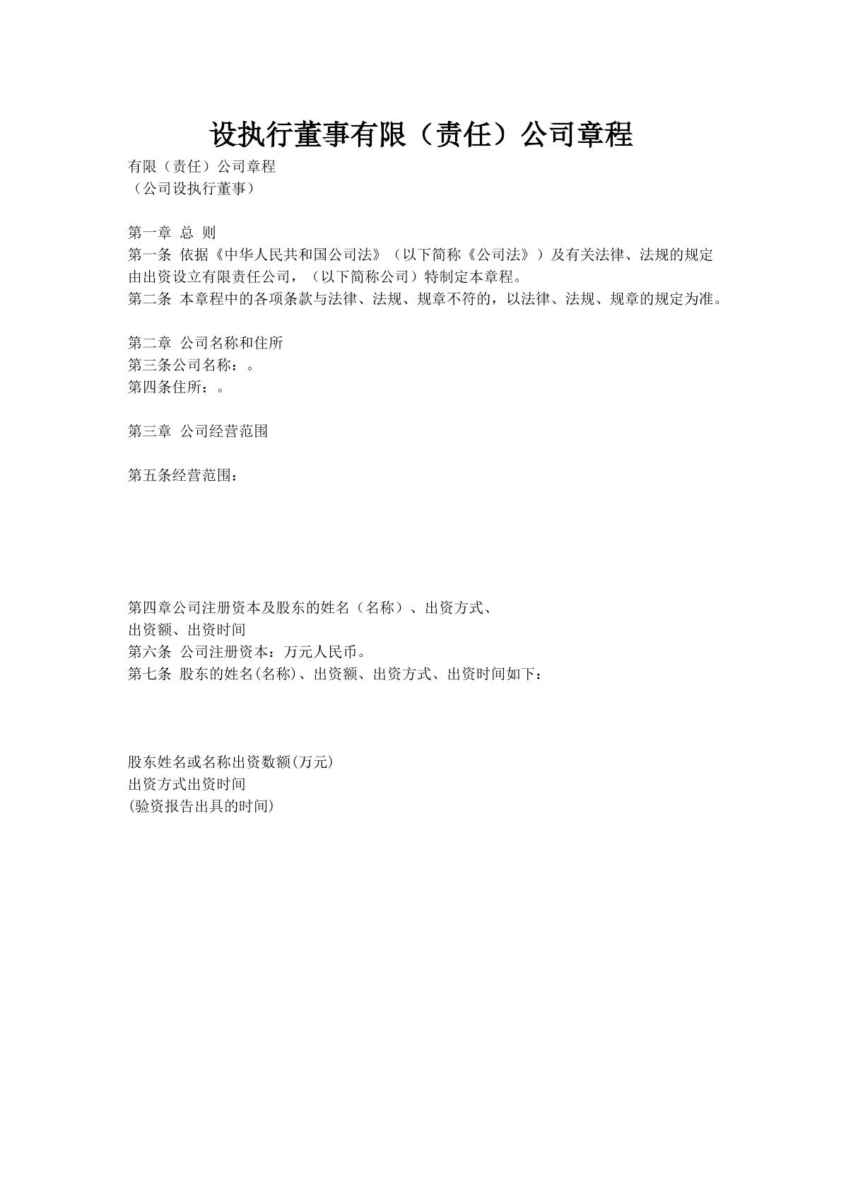 设执行董事有限（责任）公司章程