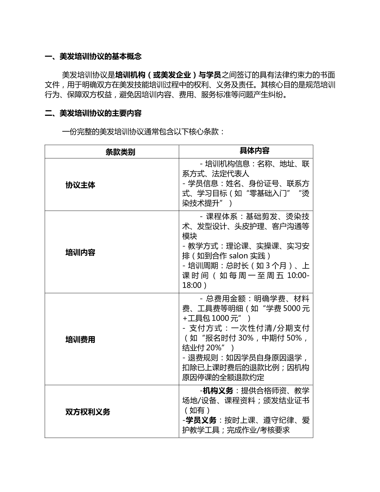 美发培训协议