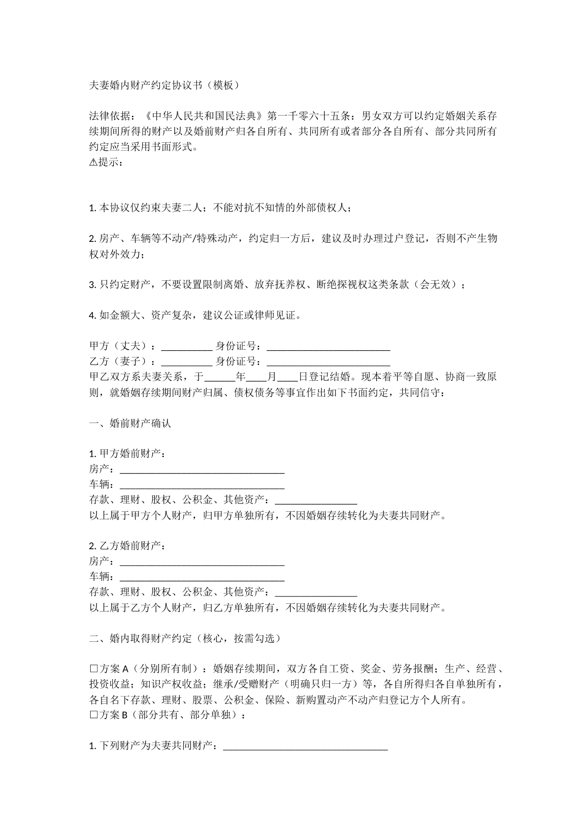 婚姻期间财产约定普通版